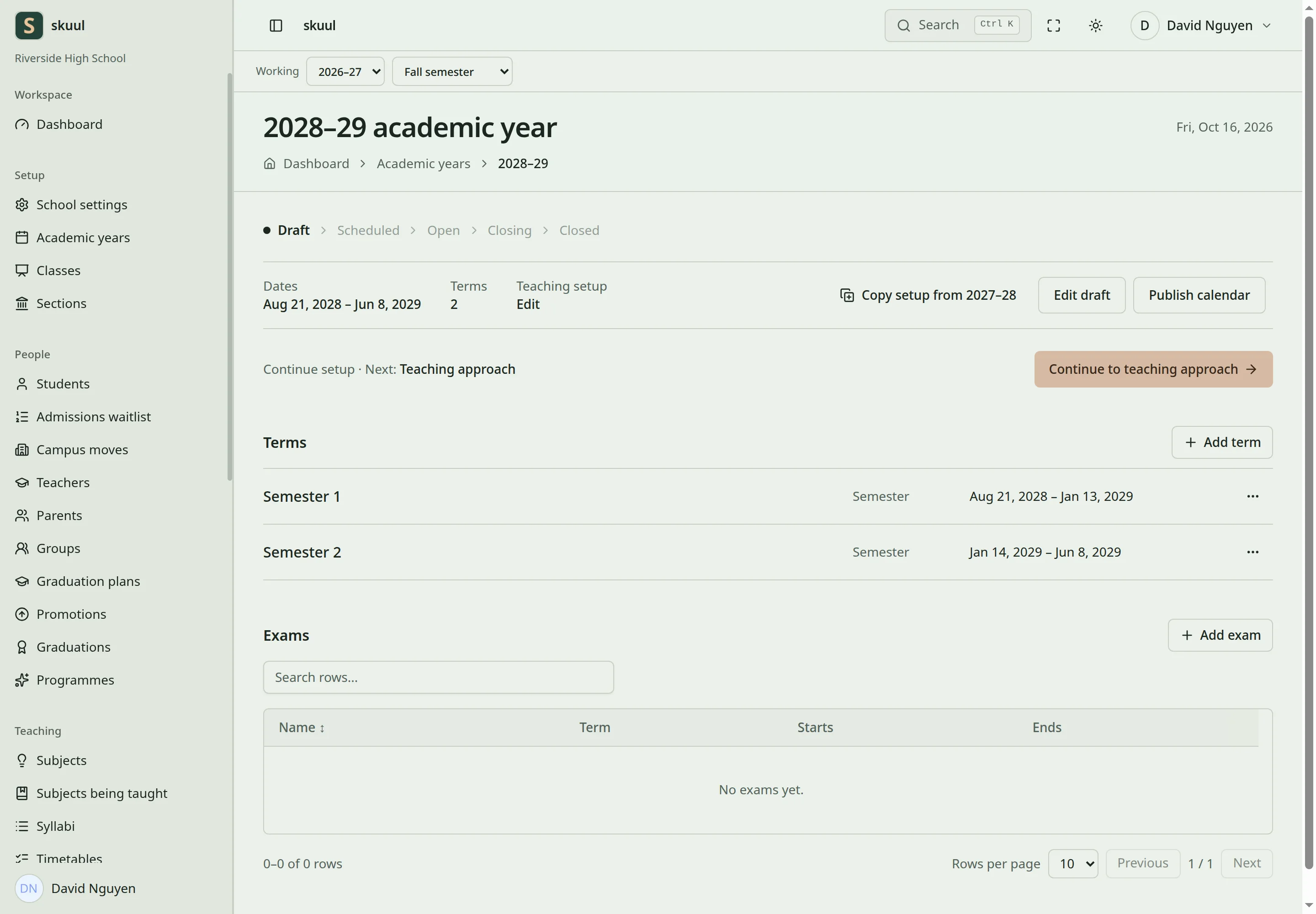 A draft 2028–29 year offers Copy setup from 2027–28, Edit draft, and Publish calendar.