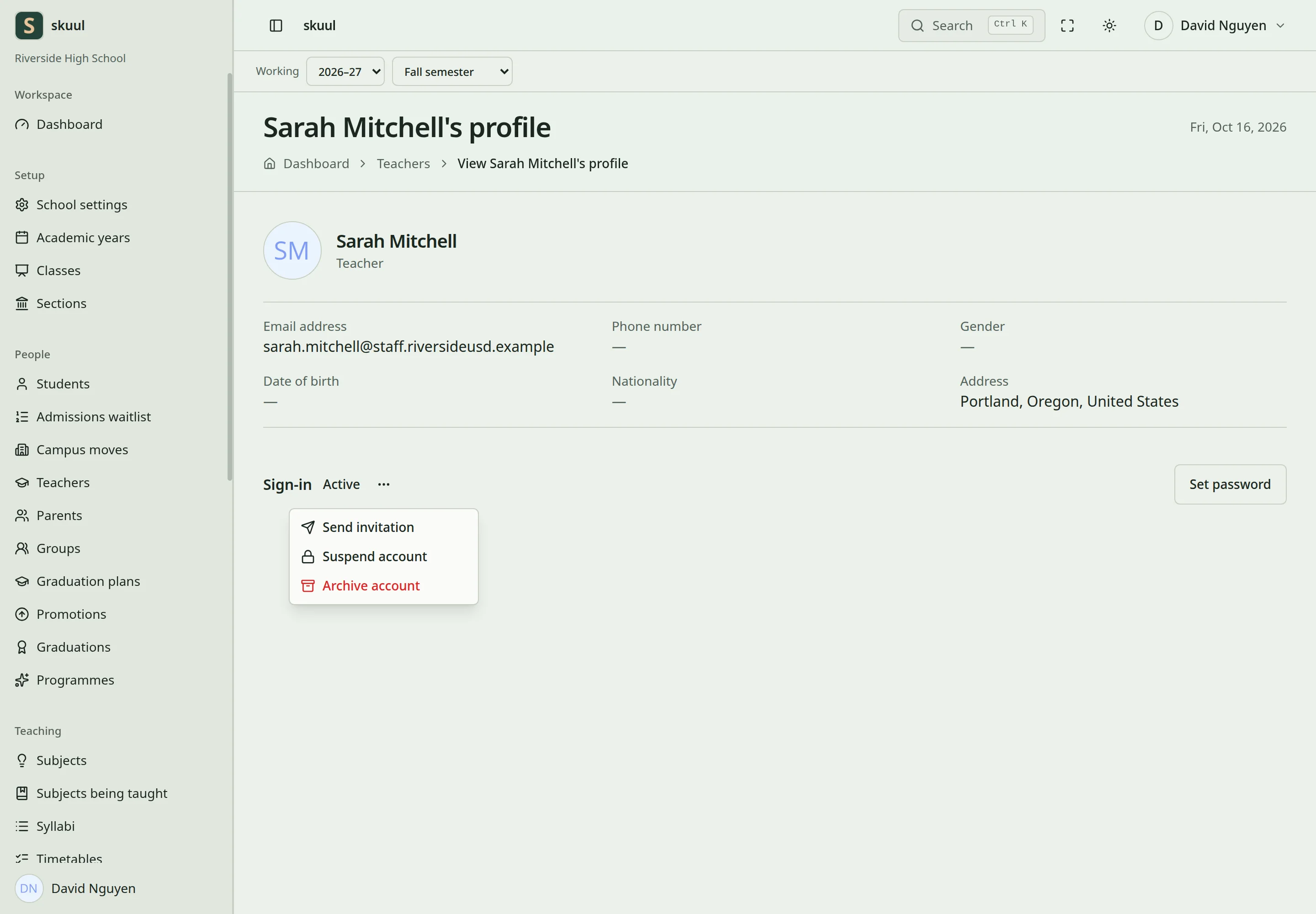 The Sign-in section of a teacher's profile, with the account menu open on Send invitation, Suspend account, and Archive account.