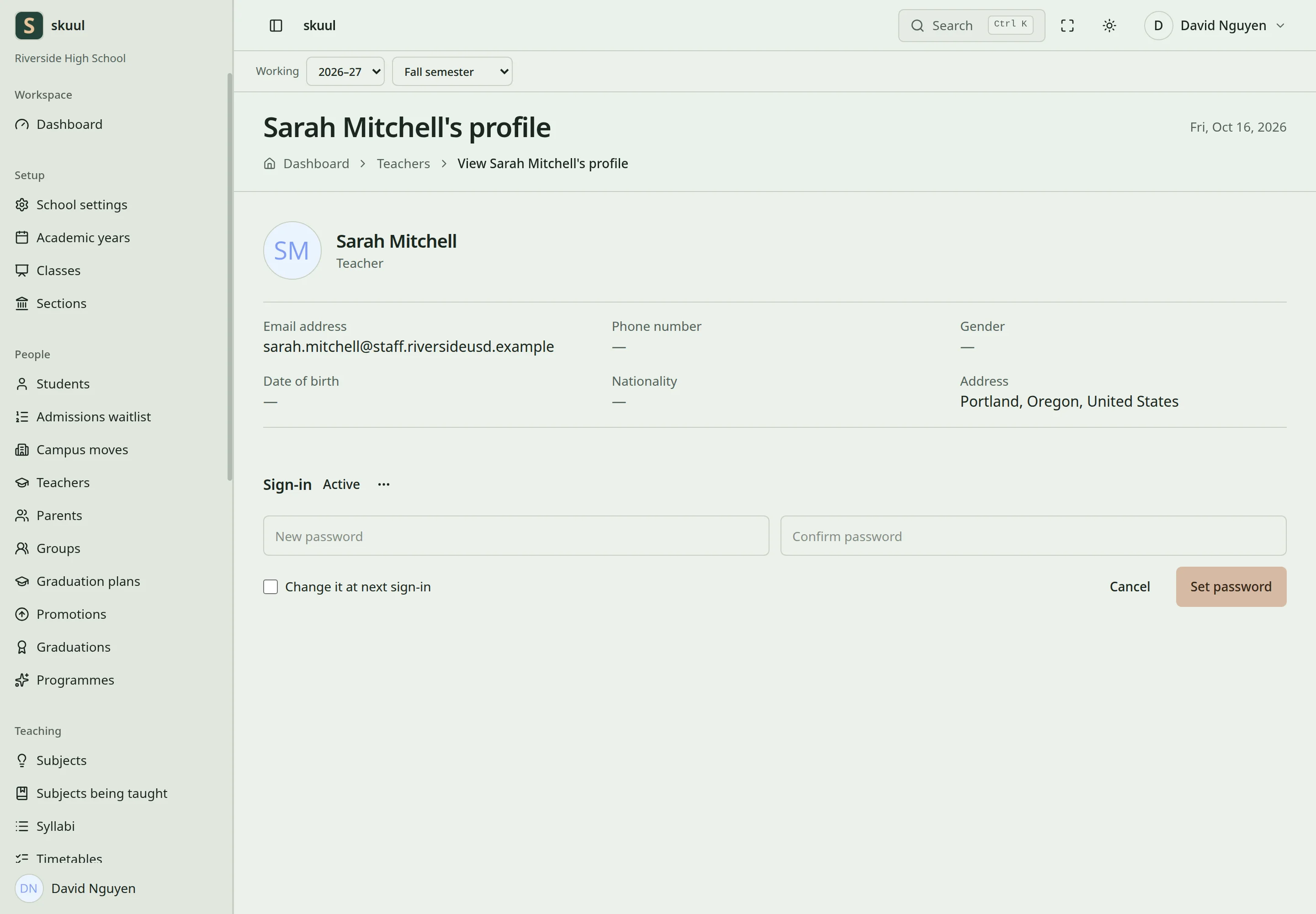 The Set password form shows New password, Confirm password, and the Change it at next sign-in checkbox.