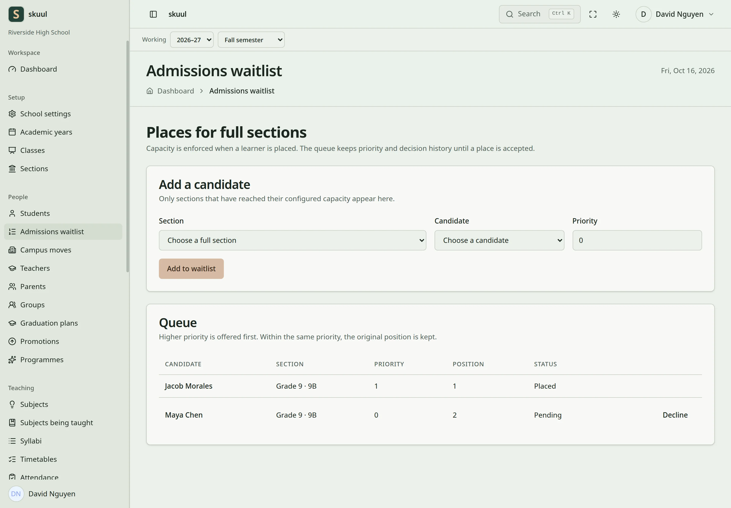 The waitlist board has the Add a candidate form above the queue. One candidate is placed, and one candidate is still pending with only a Decline button.