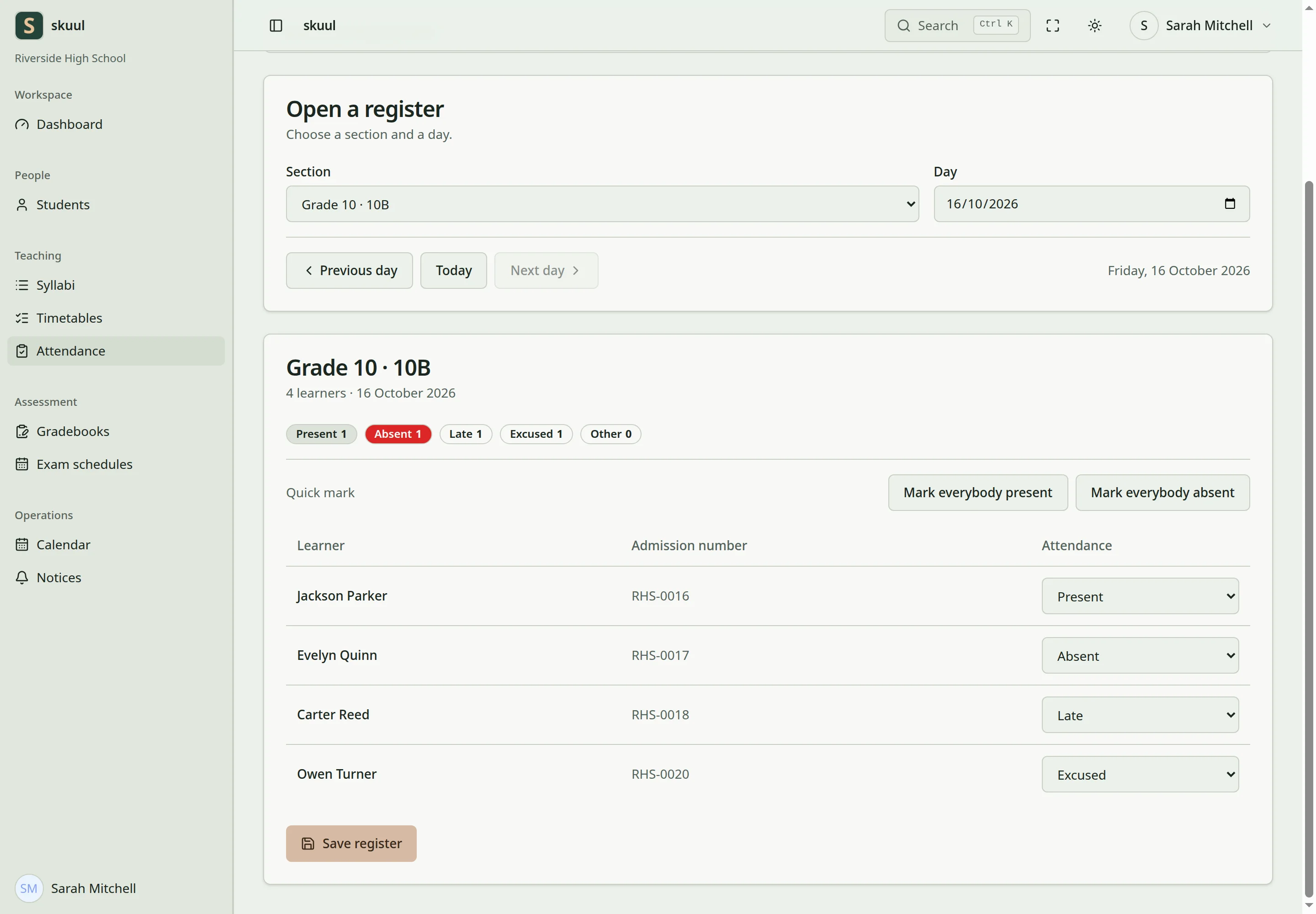 A Grade 10 register shows fictional learners with present, absent, late, and excused states.