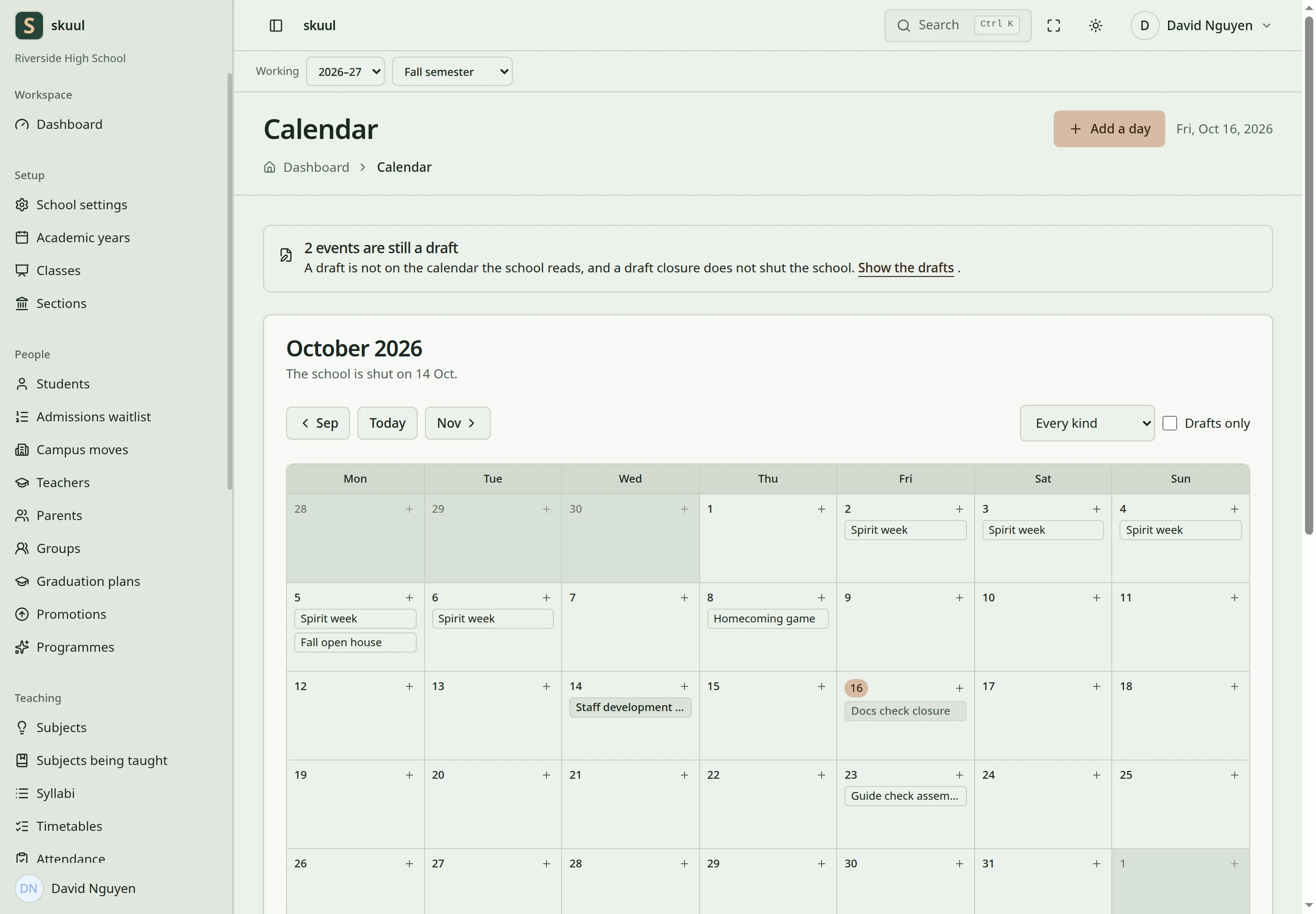 The October calendar shows school events and a staff development day when the school is shut.