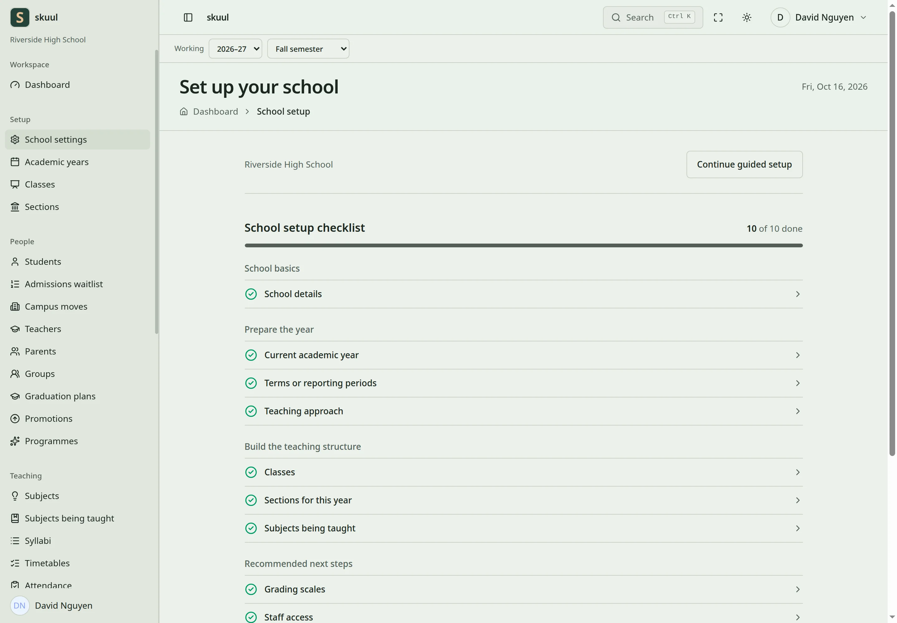 The school setup checklist groups its steps and marks each one done or open.