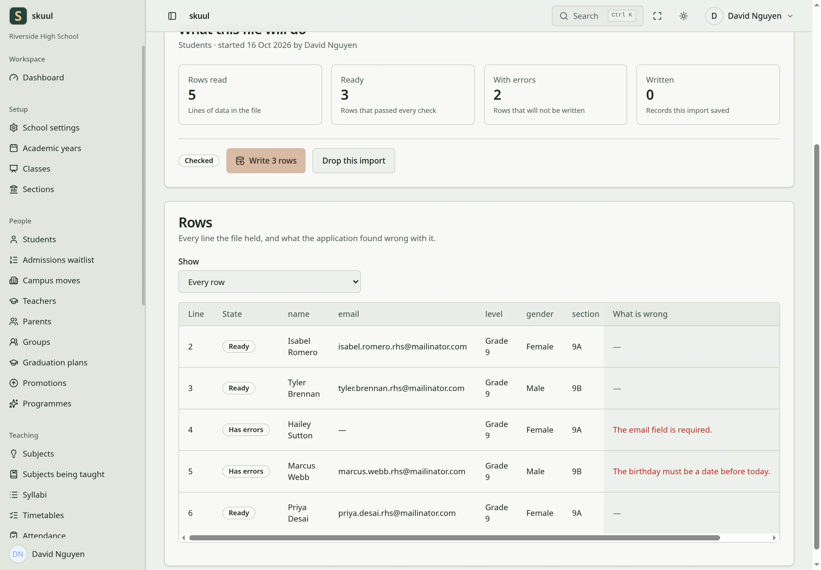 A checked import shows five rows read, three ready, two with errors, and the message for each error.