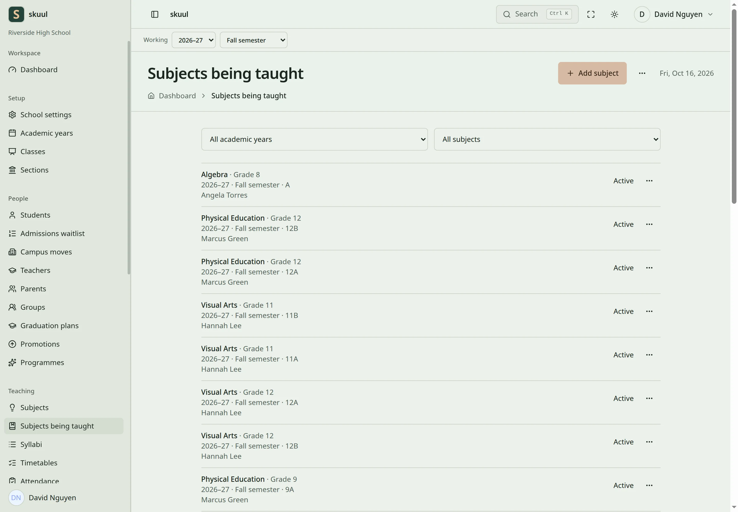 Subjects being taught list each subject with its grade, year, term, section, teacher, and status.
