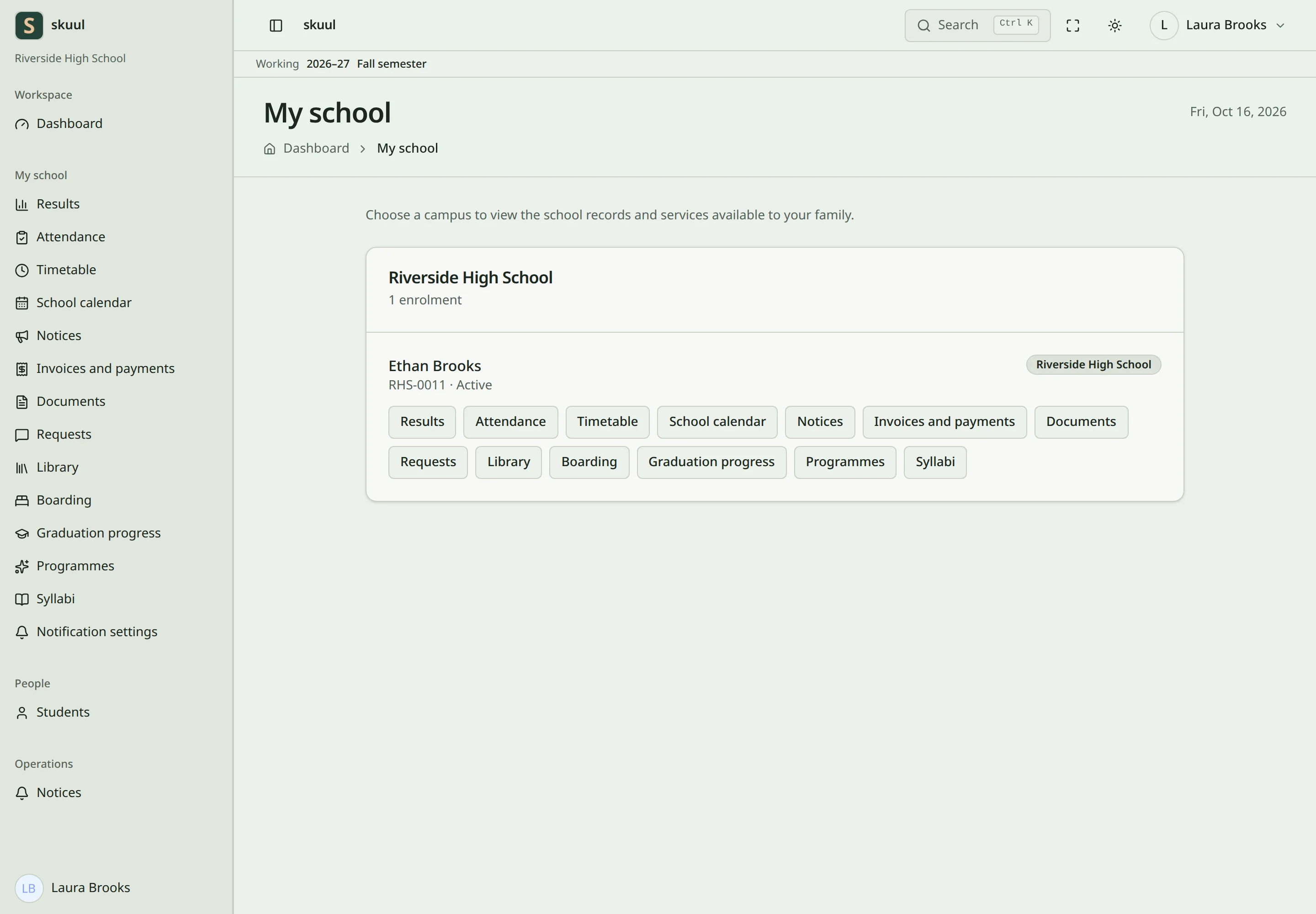 The family overview shows one linked learner at Riverside High School and the areas the family can open.