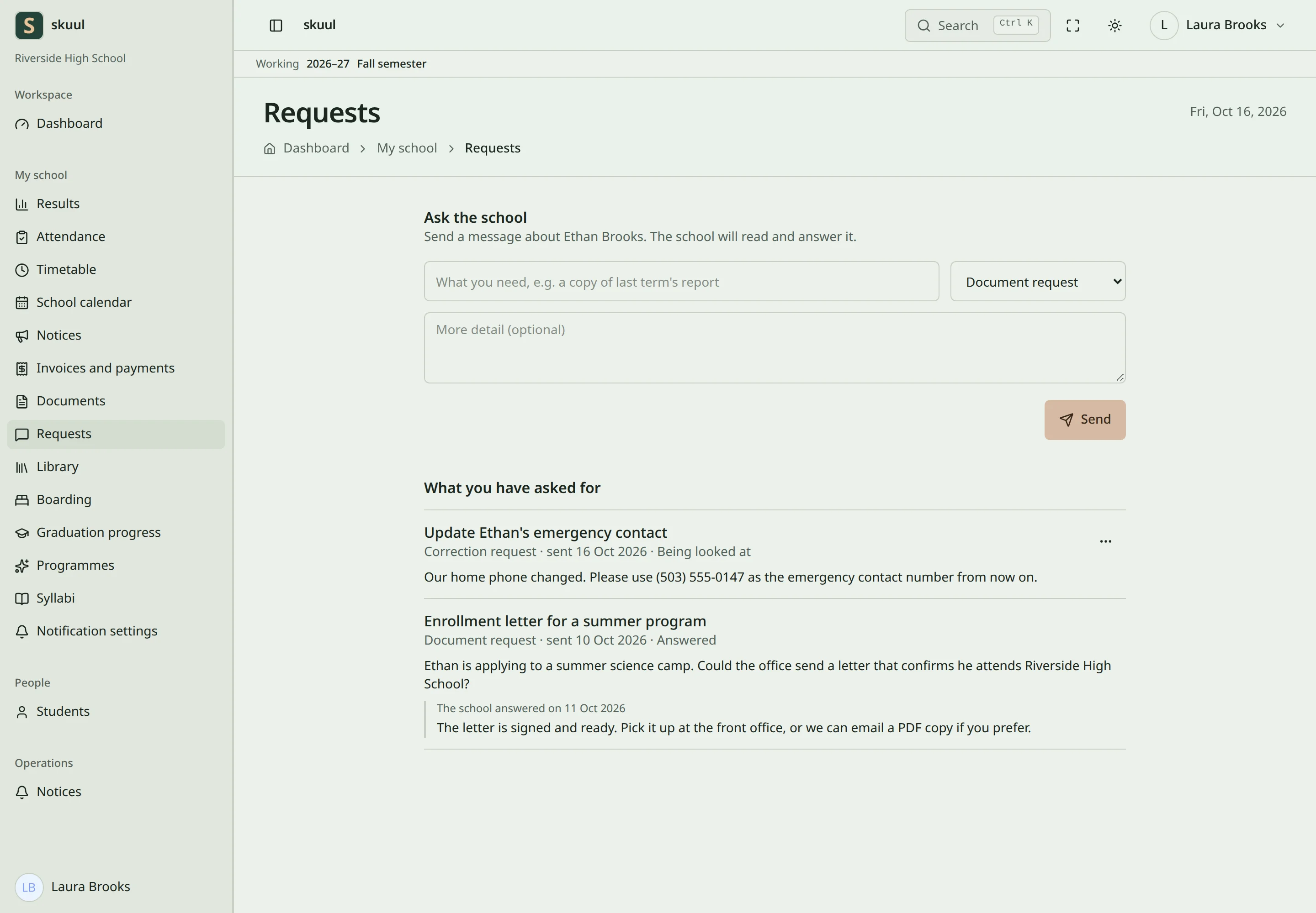 A parent's request form sits above earlier requests, one of them answered by the school.