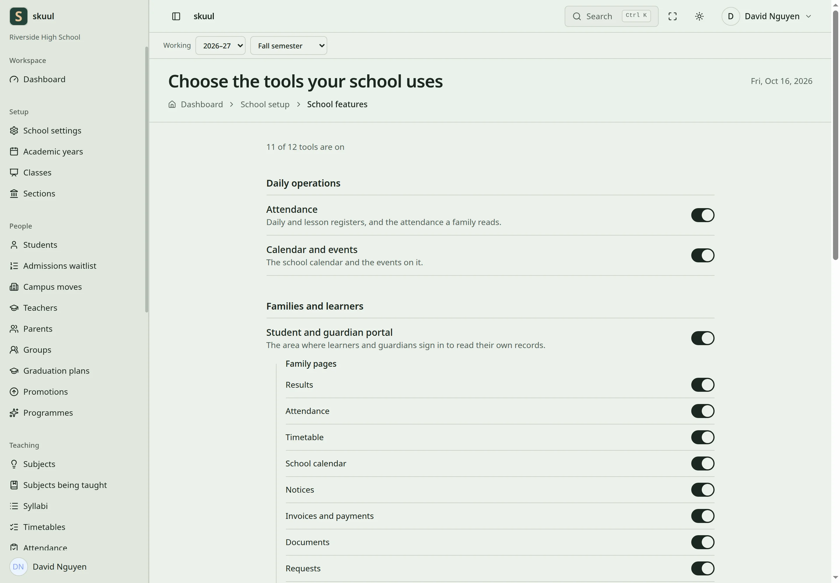 Feature switches list the tools the school uses, grouped by area, with 11 of 12 turned on.