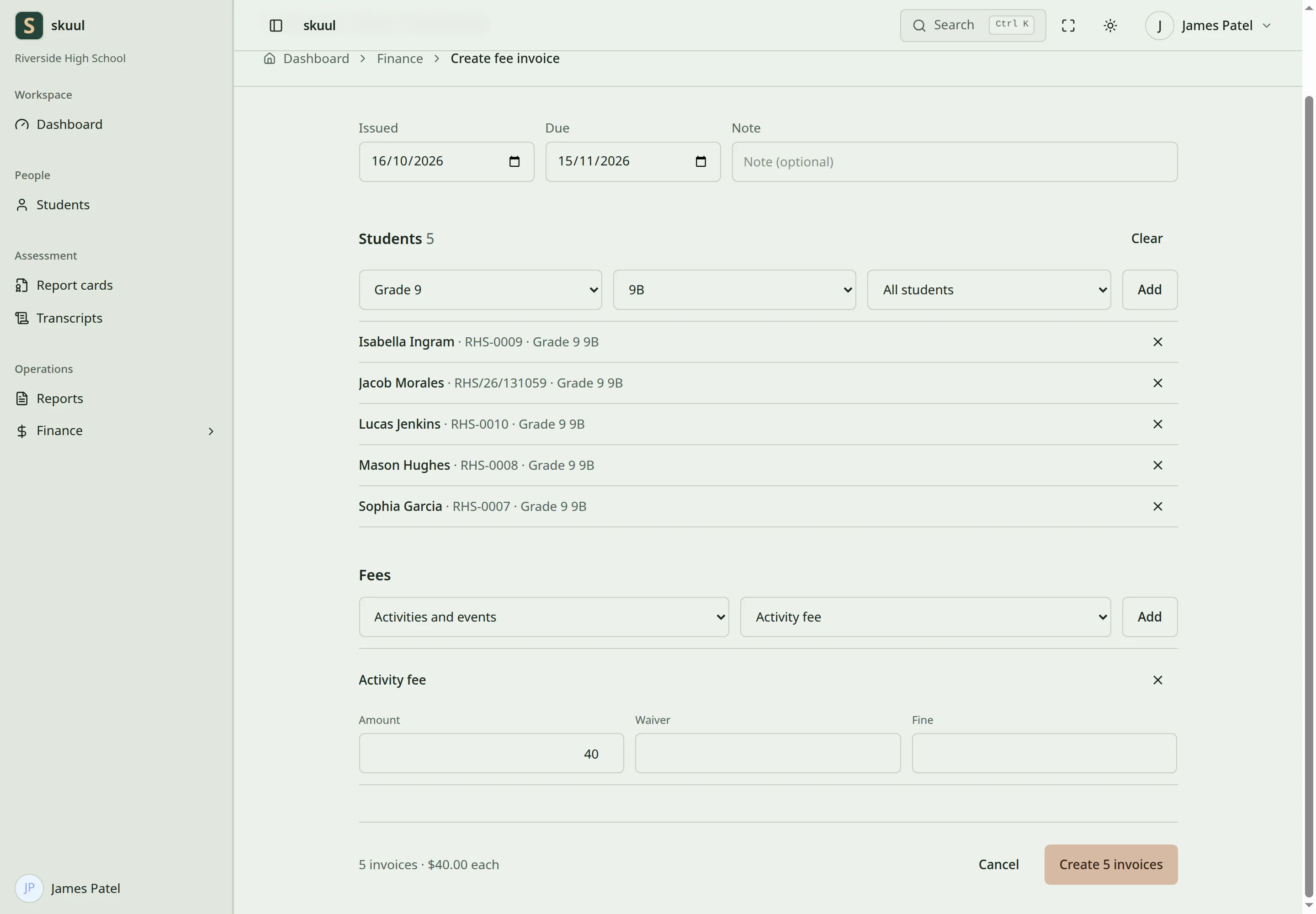 The Create fee invoice form has five students of section 9B and one fee of 40. The total reads 5 invoices · $40.00 each, and the button reads Create 5 invoices.
