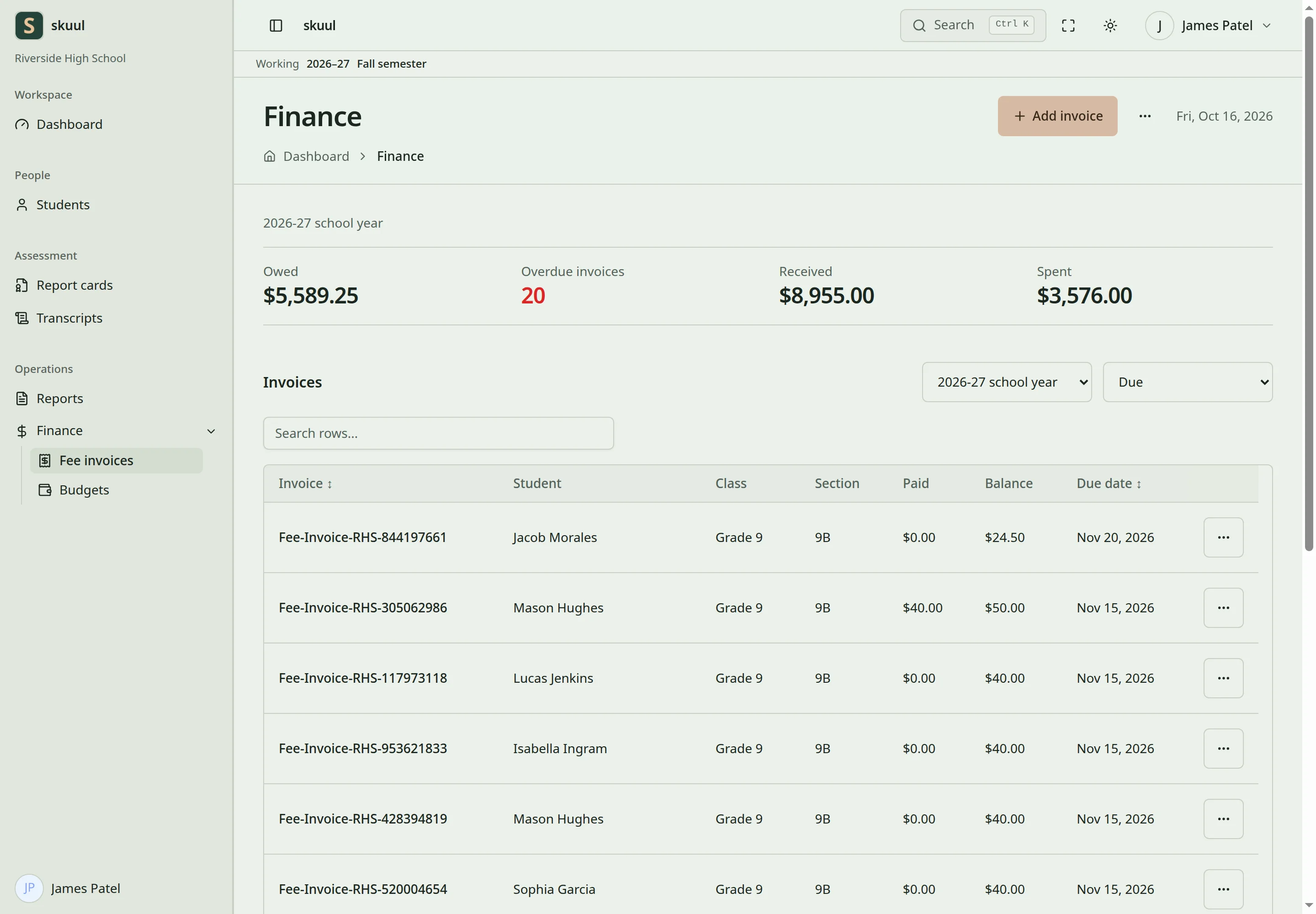 The Finance page shows what is owed, received, and spent this school year, and the invoice list with its period and status filters.