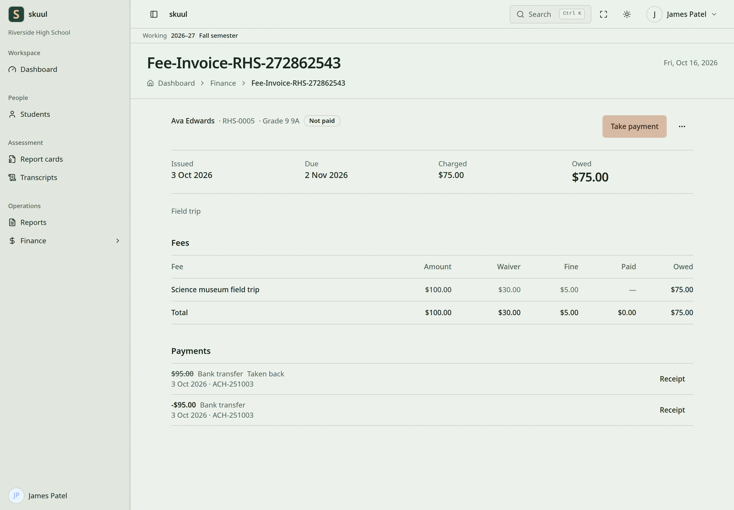The invoice shows the learner, its status, the issue and due dates, the amount charged and owed, the fees, and the payments.
