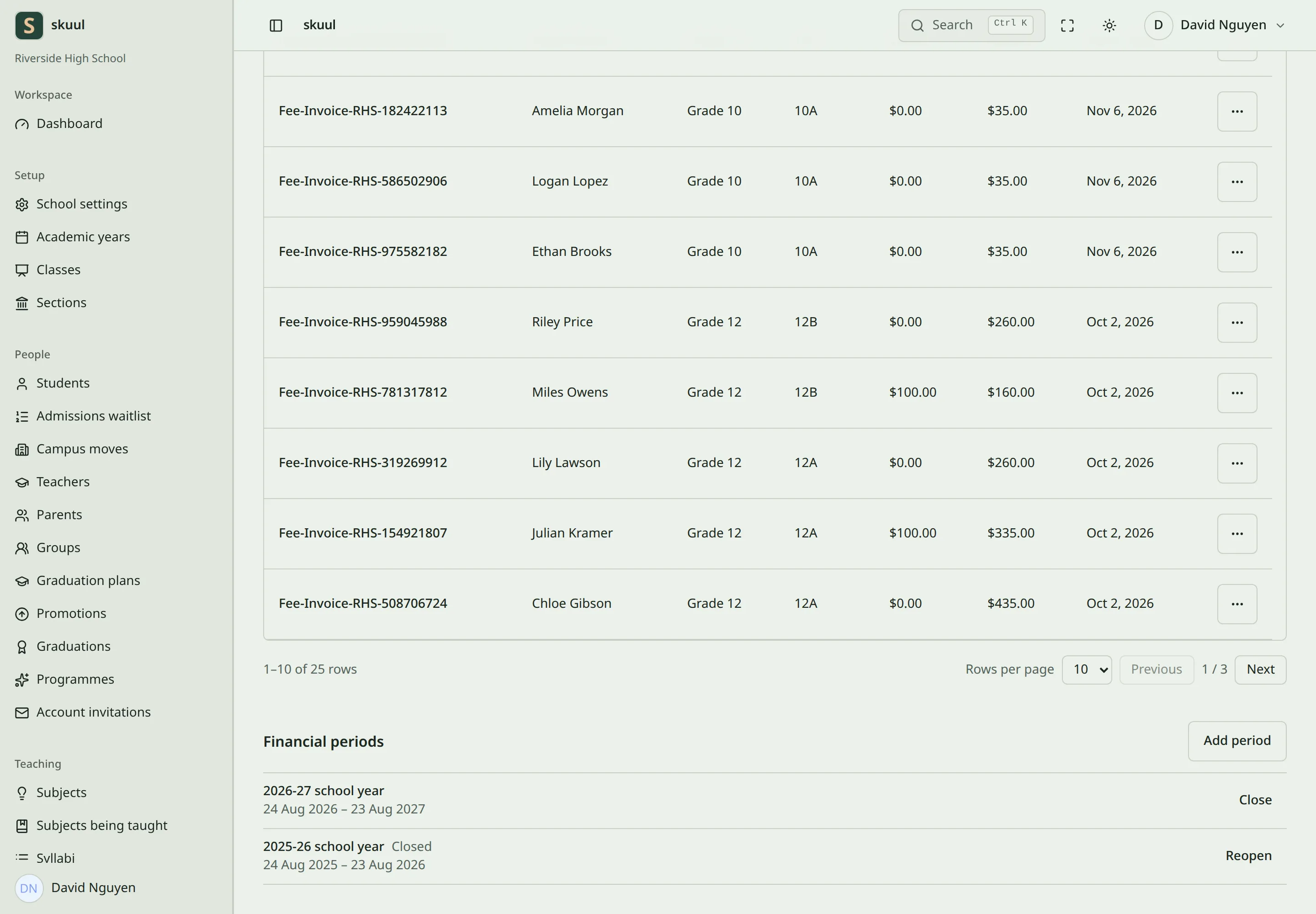 Below the invoices, one financial period is open and the previous one is closed.