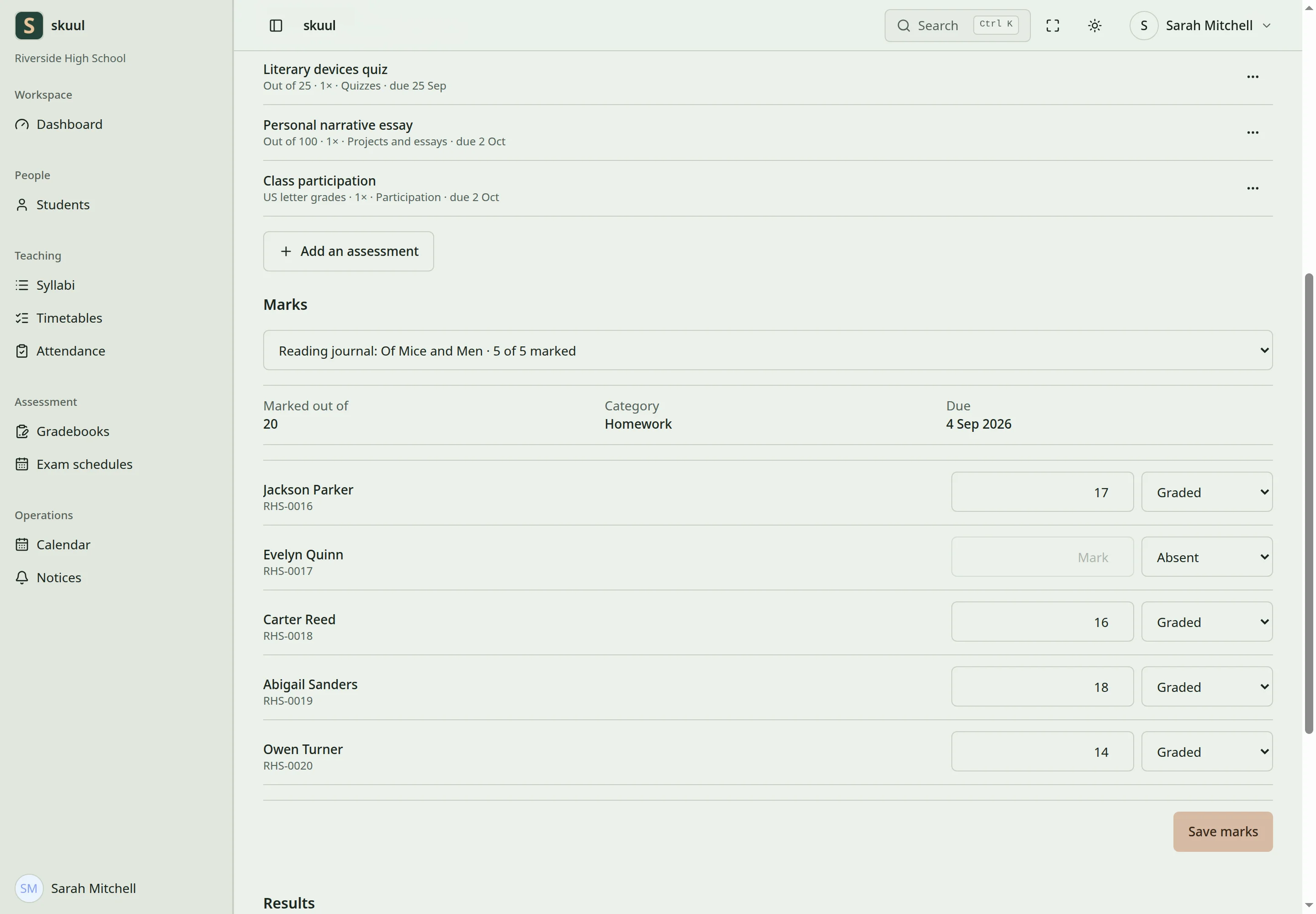 The marksheet shows numeric marks and explicit entry states.