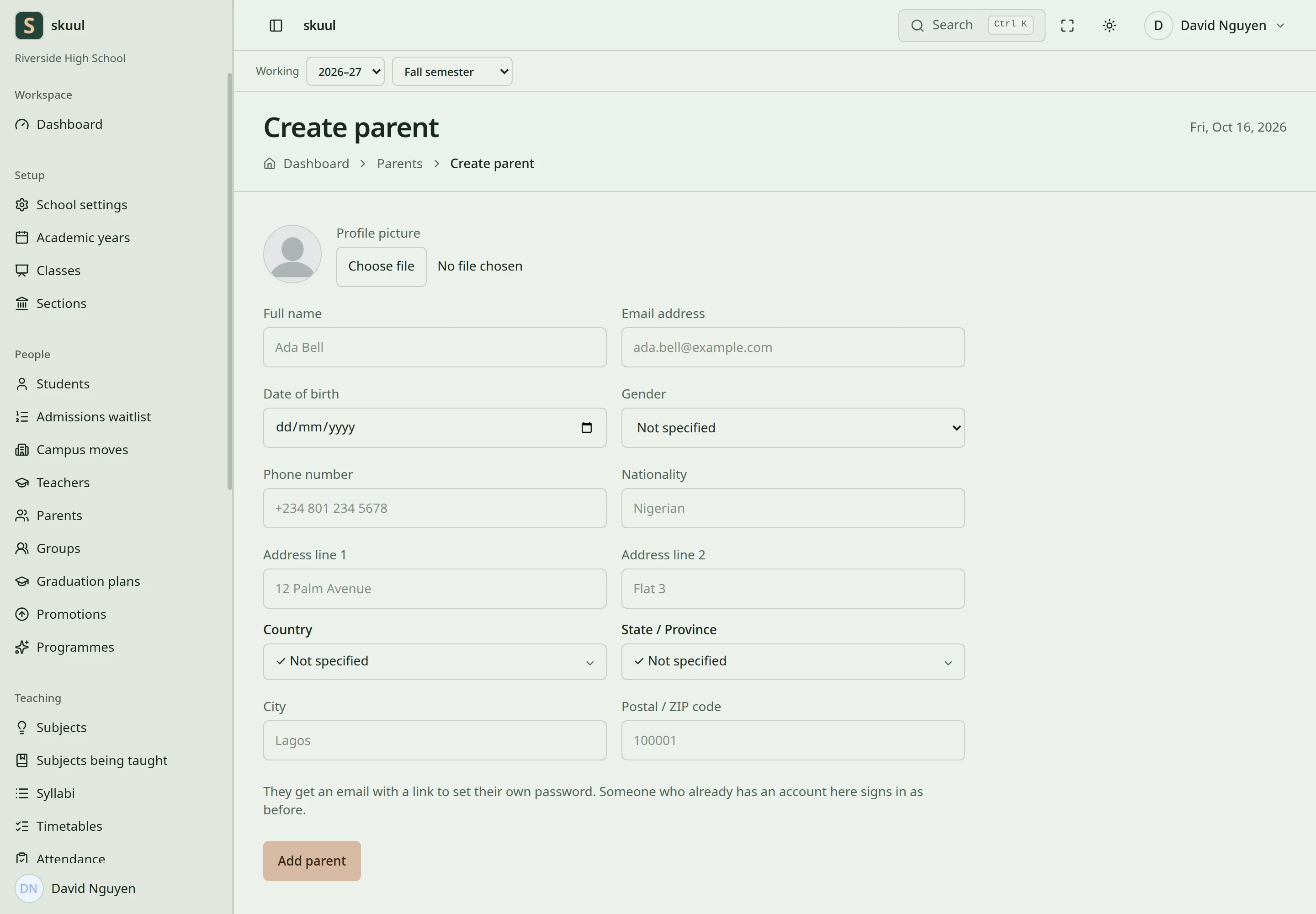 The Create parent form shows the person's name, email, contact and address fields, and the Add parent button.