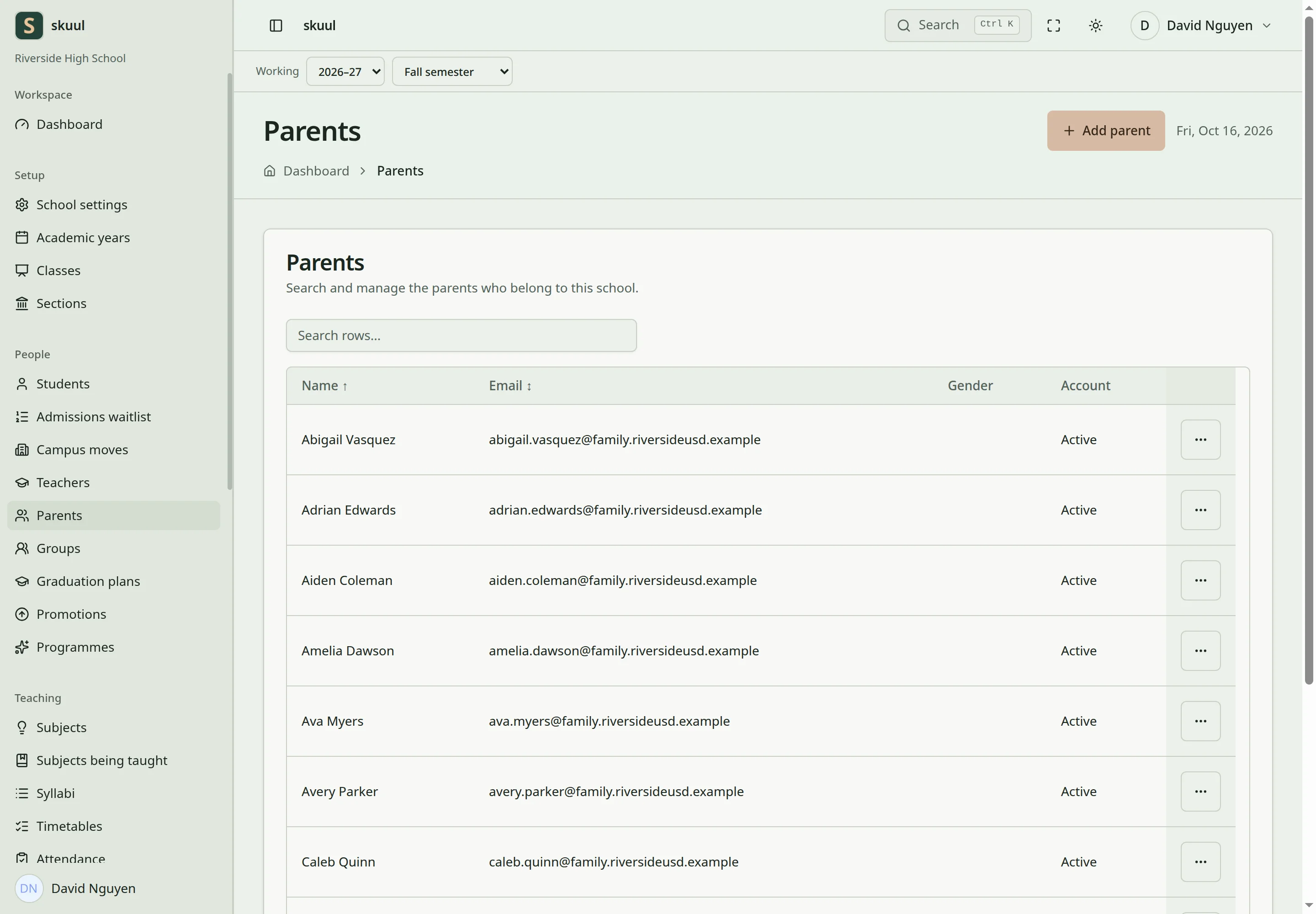 The parent list shows fictional guardians with their email and account state.