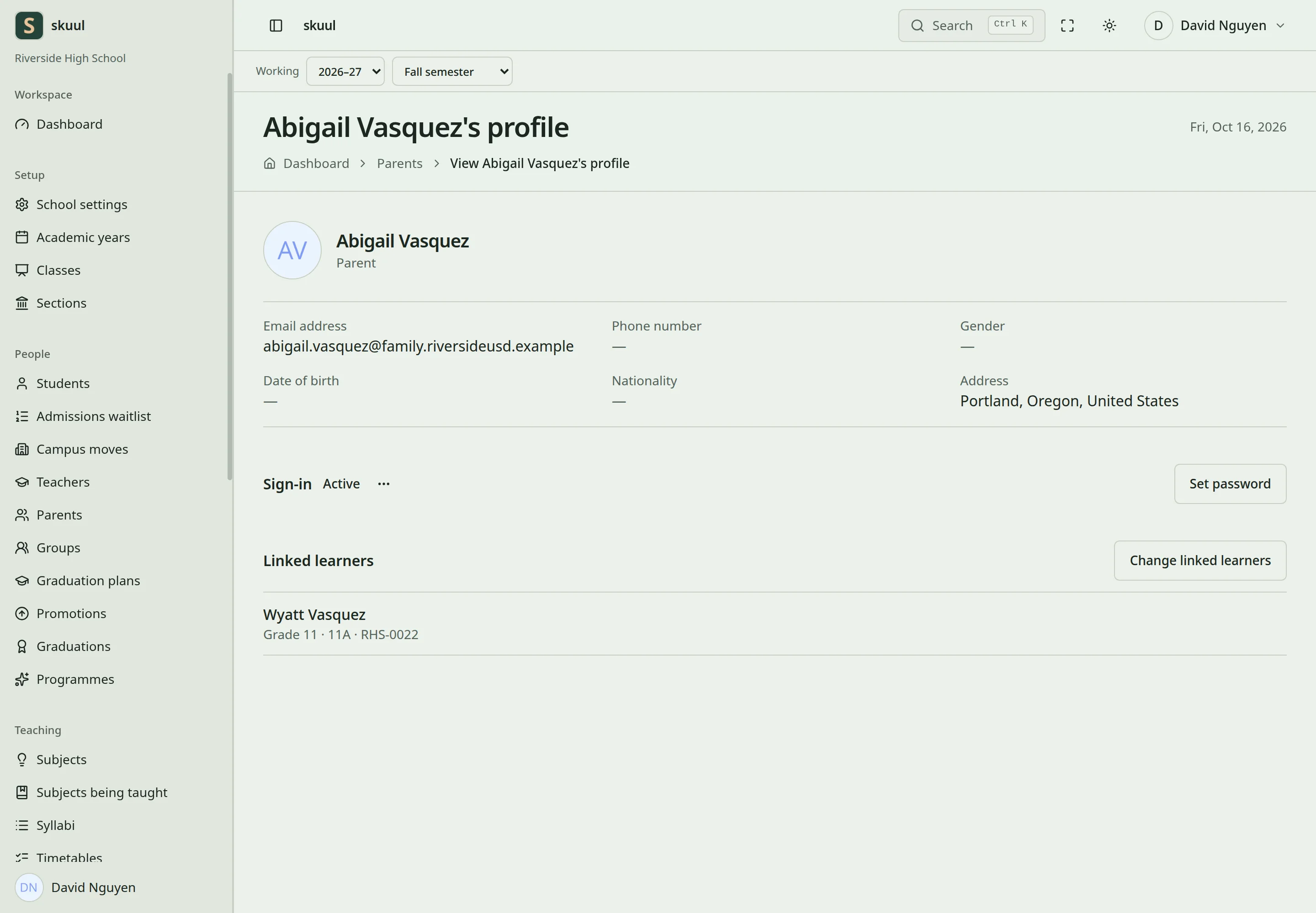 A parent's profile shows contact details, Sign-in, and a Linked learners section with the Change linked learners button.