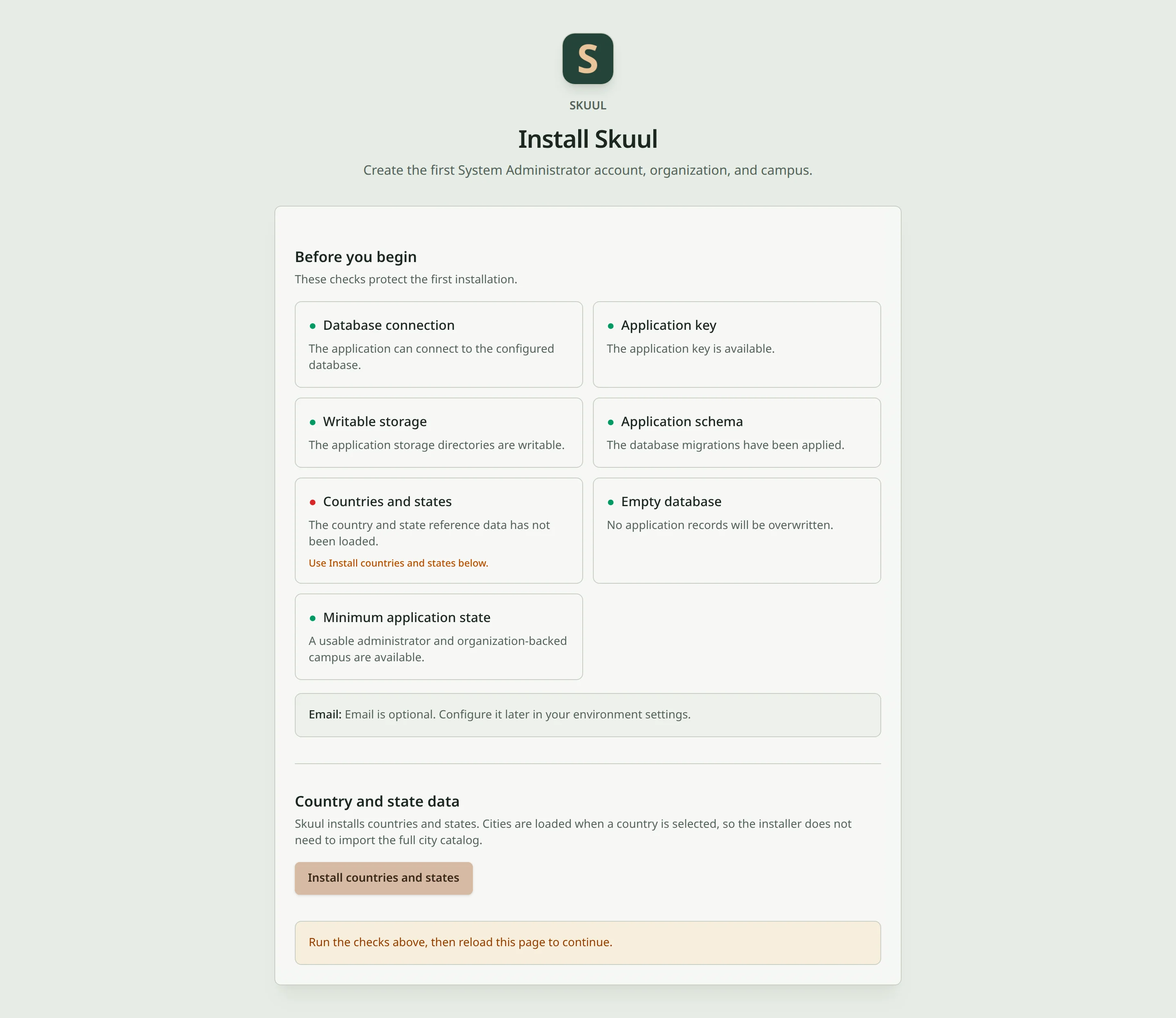 The installer lists its checks. The countries and states check failed and offers an install button.