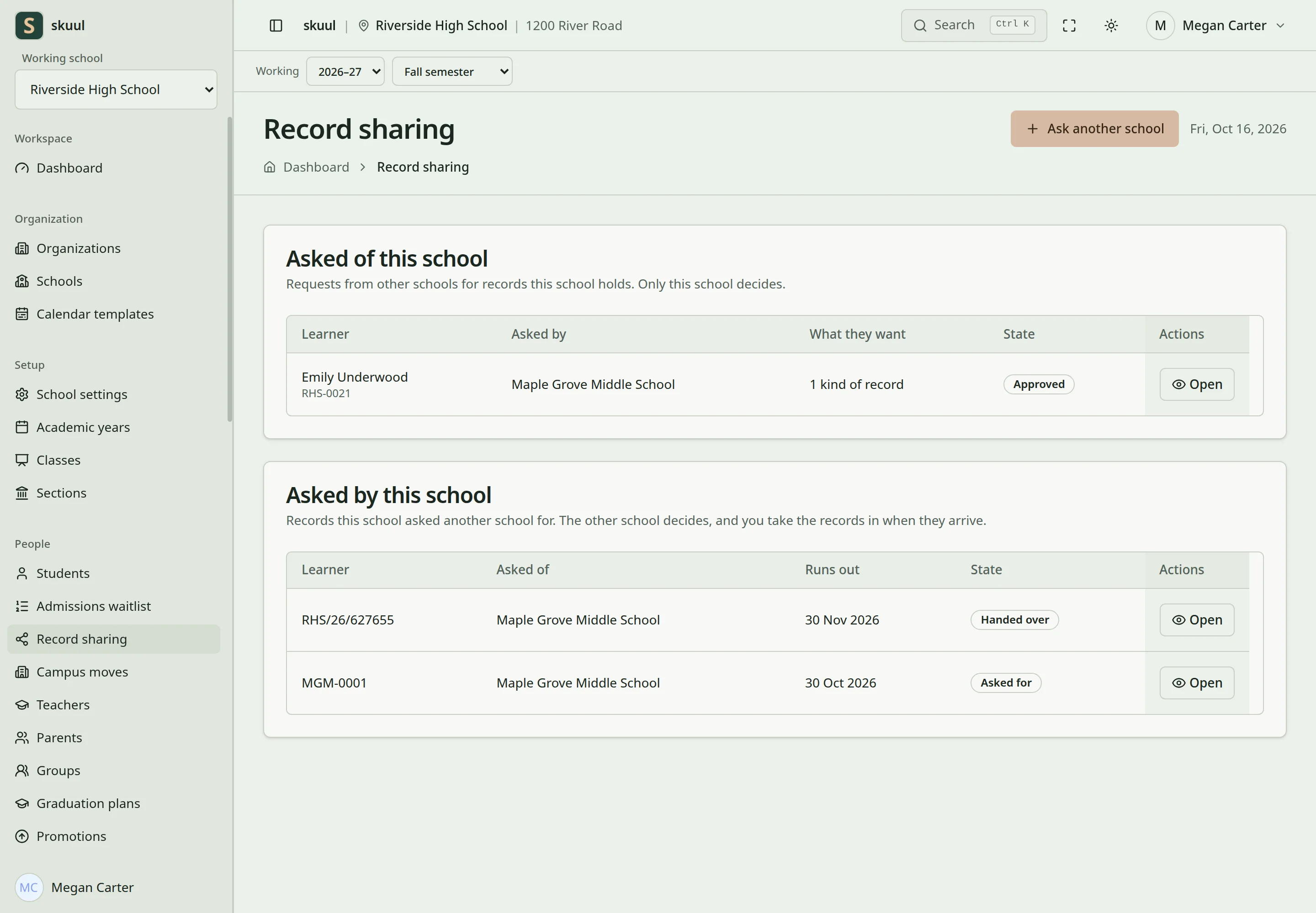 Record sharing lists the requests asked of this school and by this school, each with its state.