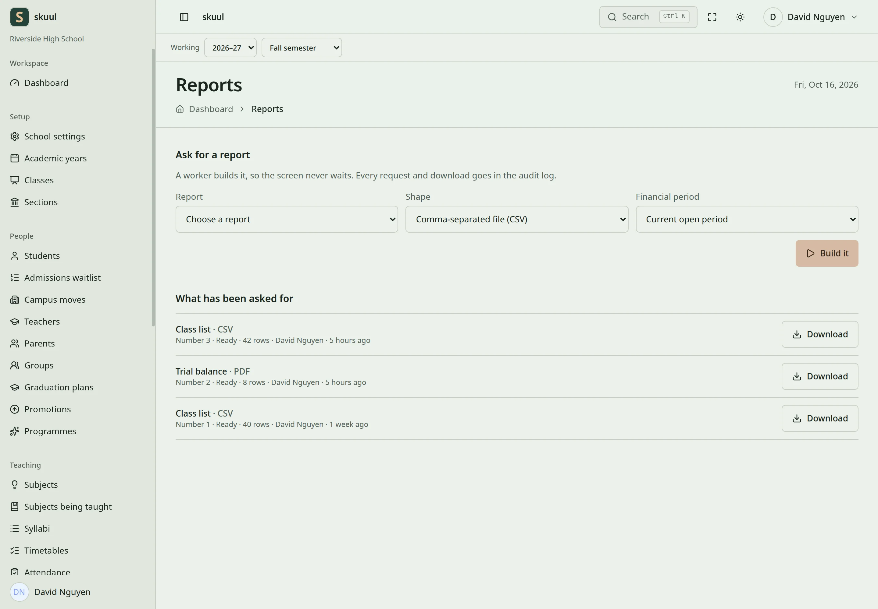 The report desk lists ready exports, each with its download action.