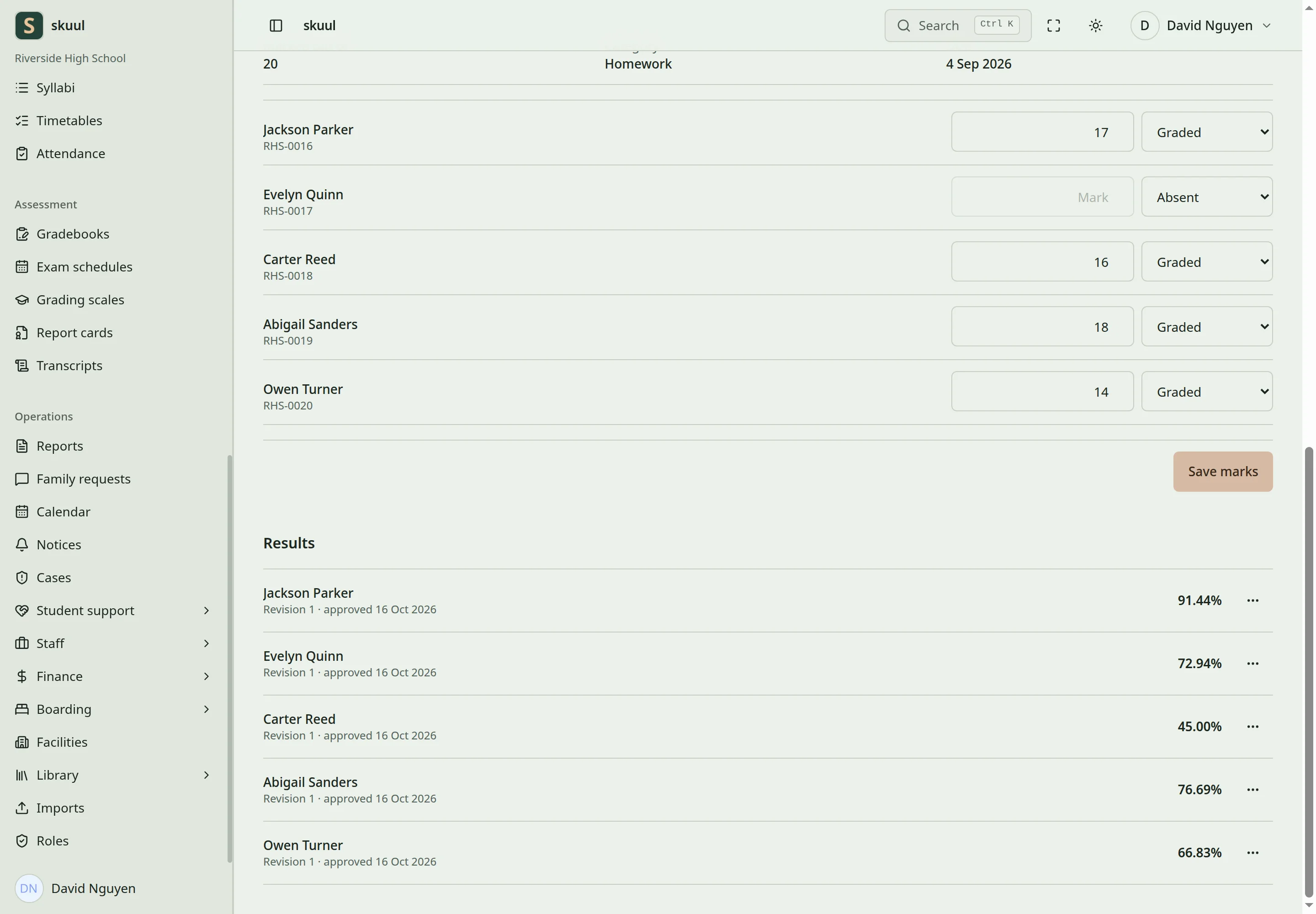 Approved results list each learner's percentage, revision, and approval date.