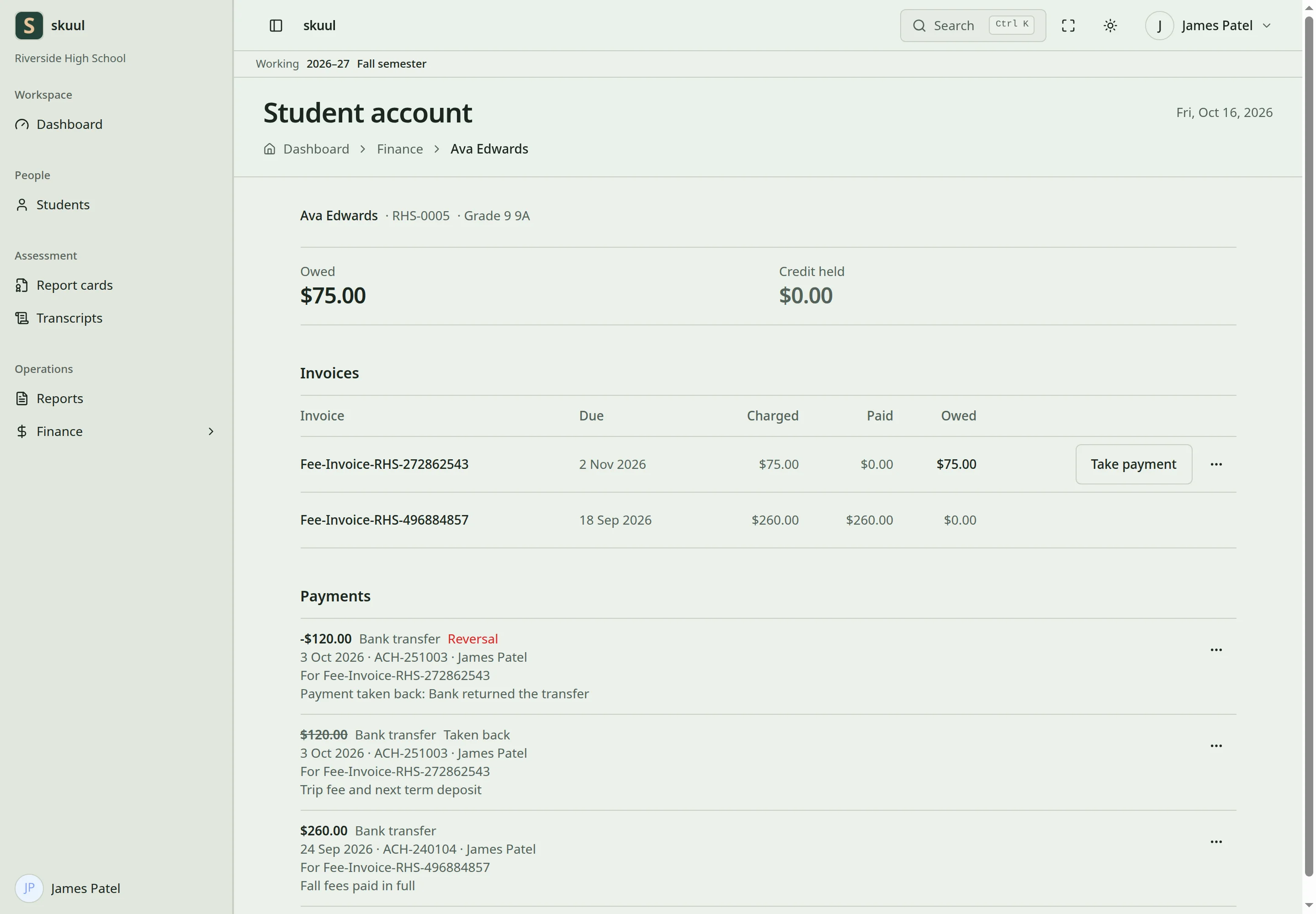 The Student account shows what the learner owes and the credit held, their invoices, and their payments, with a reversal and a payment taken back.