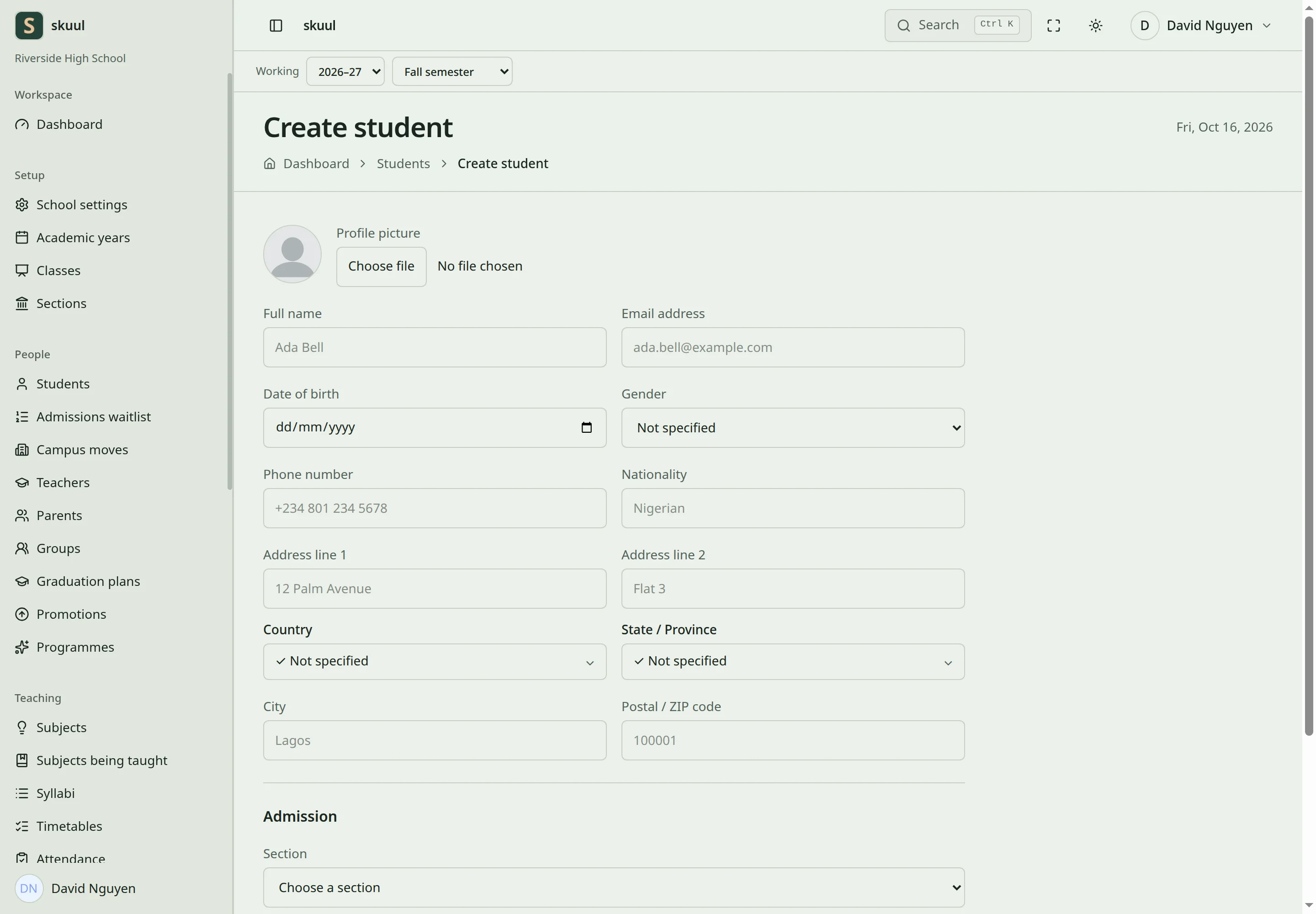 The Create student form shows the person's details, then an Admission group with Section, Admission number and Date of admission, and the Admit learner button.