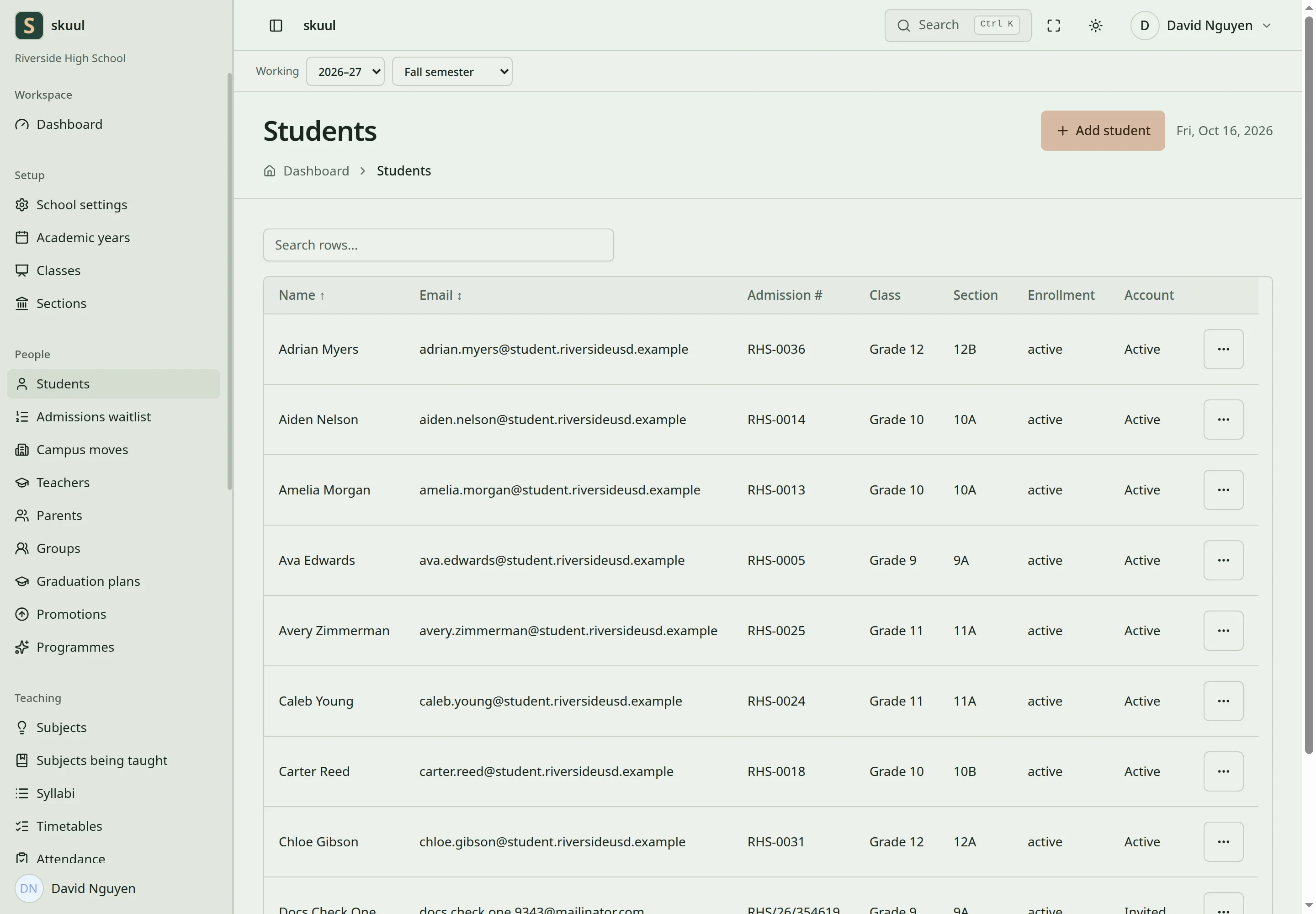The student list shows fictional learners with email, admission number, class, section, and enrollment state.