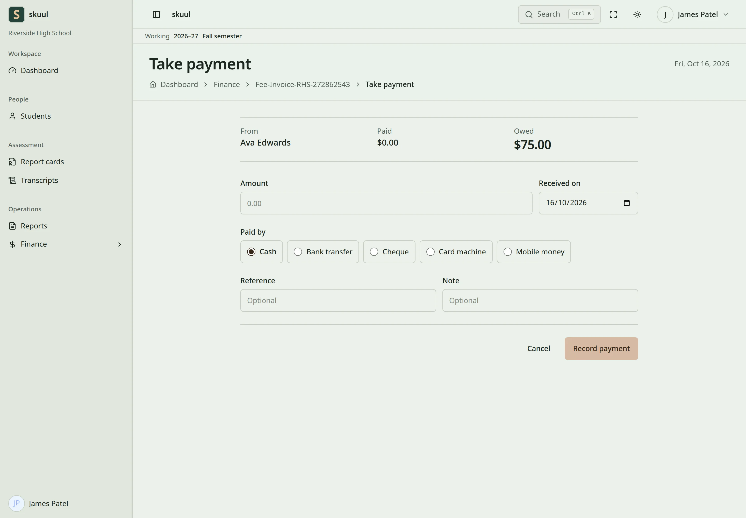 The Take payment form shows who pays, what is paid and owed, then Amount, Received on, Paid by, Reference, Note, and Record payment.