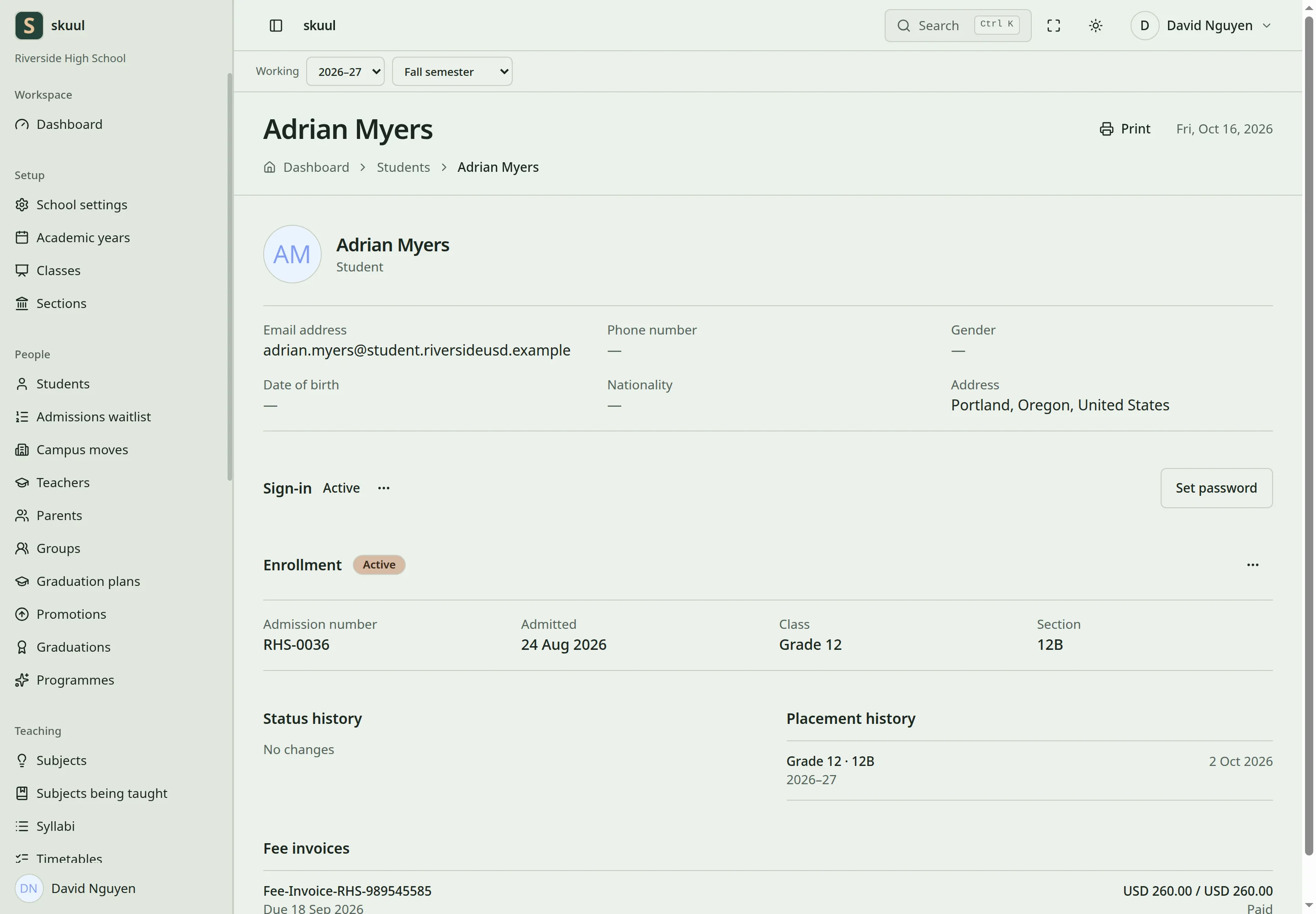 A learner's profile shows the Enrollment section with its status, admission number, admission date, class and section, then status and placement history.