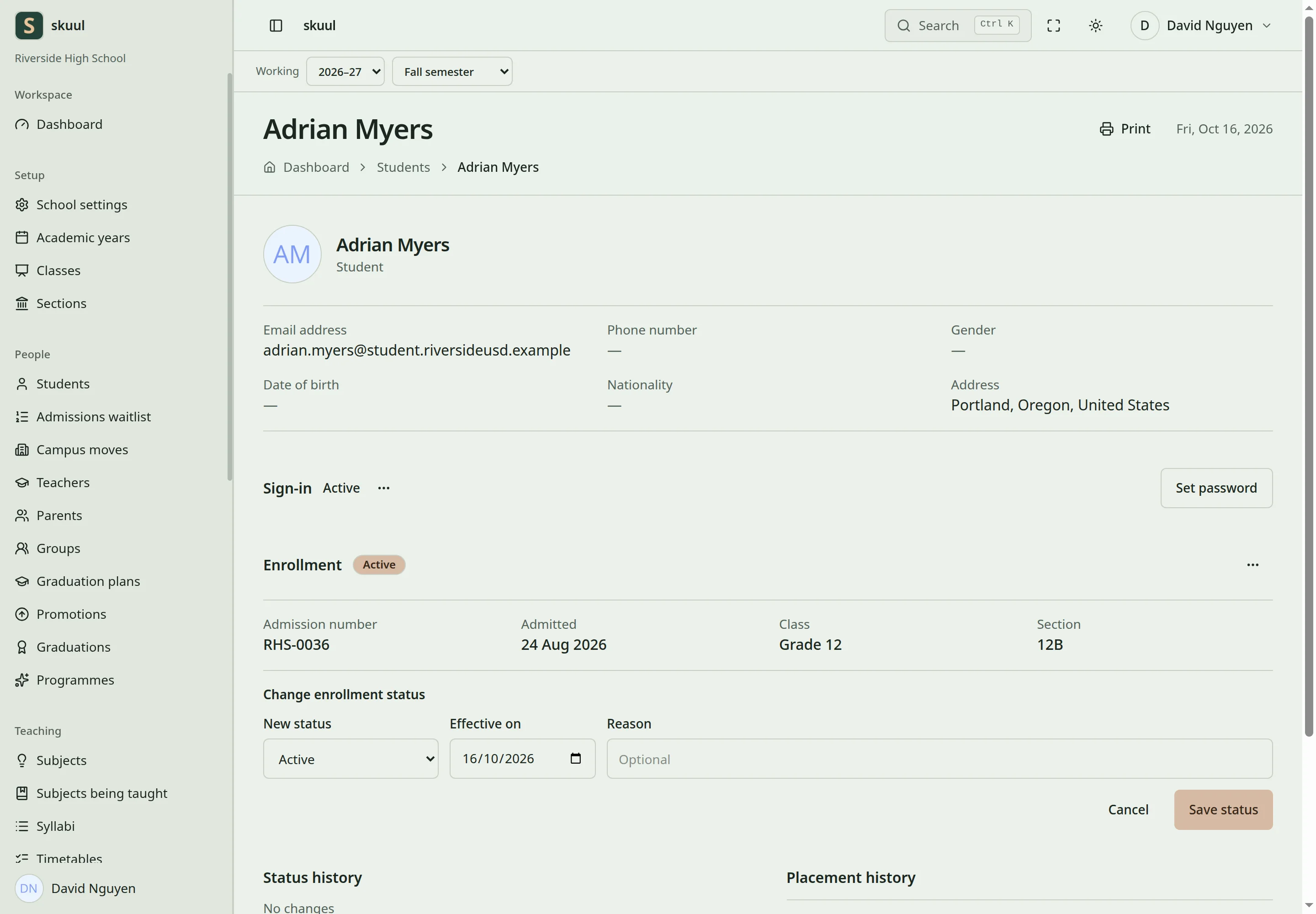 The Change enrollment status form shows the status list, the effective date, the optional reason, and Save status.