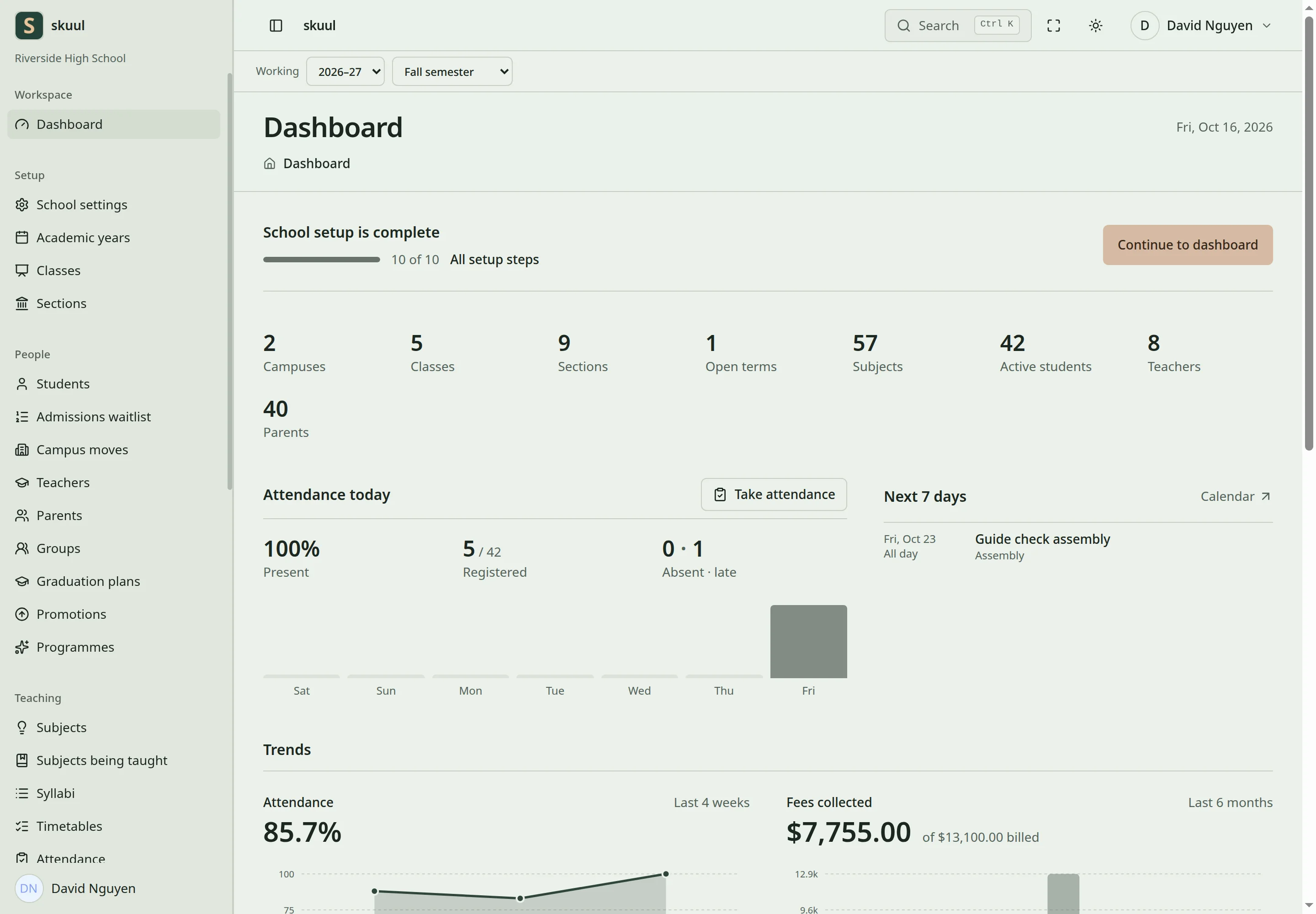 The dashboard for Riverside High School shows the working year and semester, setup progress, attendance today, the next seven days, and trends.